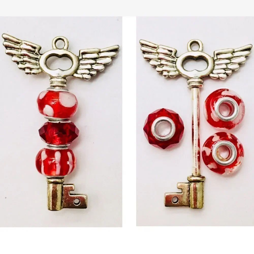 European Beads Key Wings Charm Necklace or Keychain Pendant red silver 1027